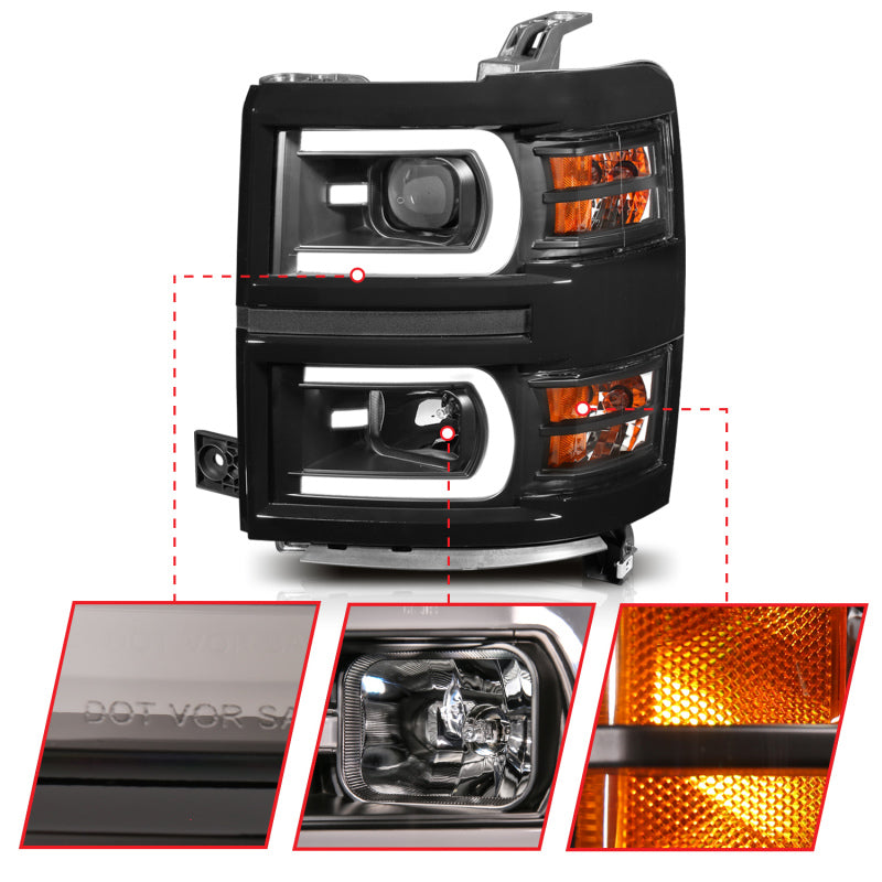 ANZO 14-15 Chevrolet Silverado 1500 Projector Headlights w/ Plank Style Switchback Black w/ Amber