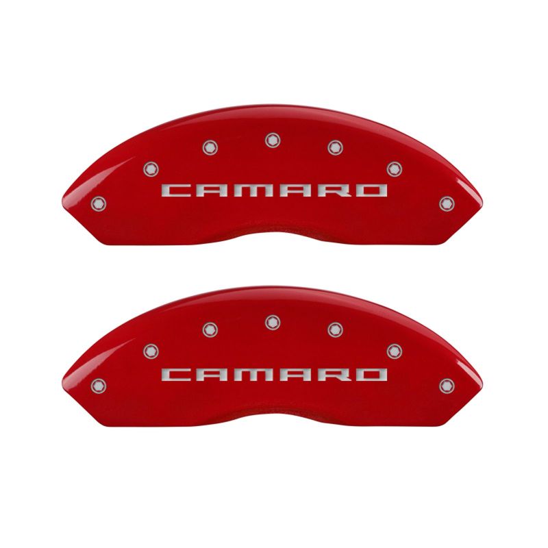 MGP 4 Caliper Covers Engraved Front Gen 5/Camaro Engraved Rear Gen 5/RS Red finish silver ch