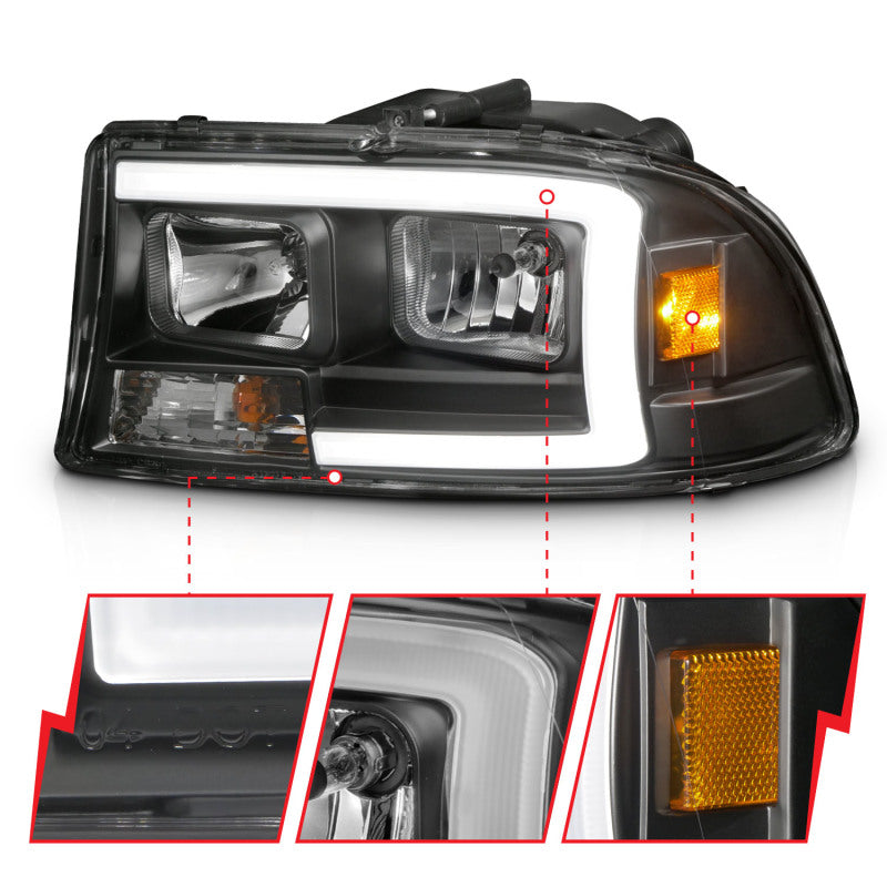 ANZO 97-04 Dodge Dakota/Durango Crystal headlight Set w/ Light Bar Black Housing