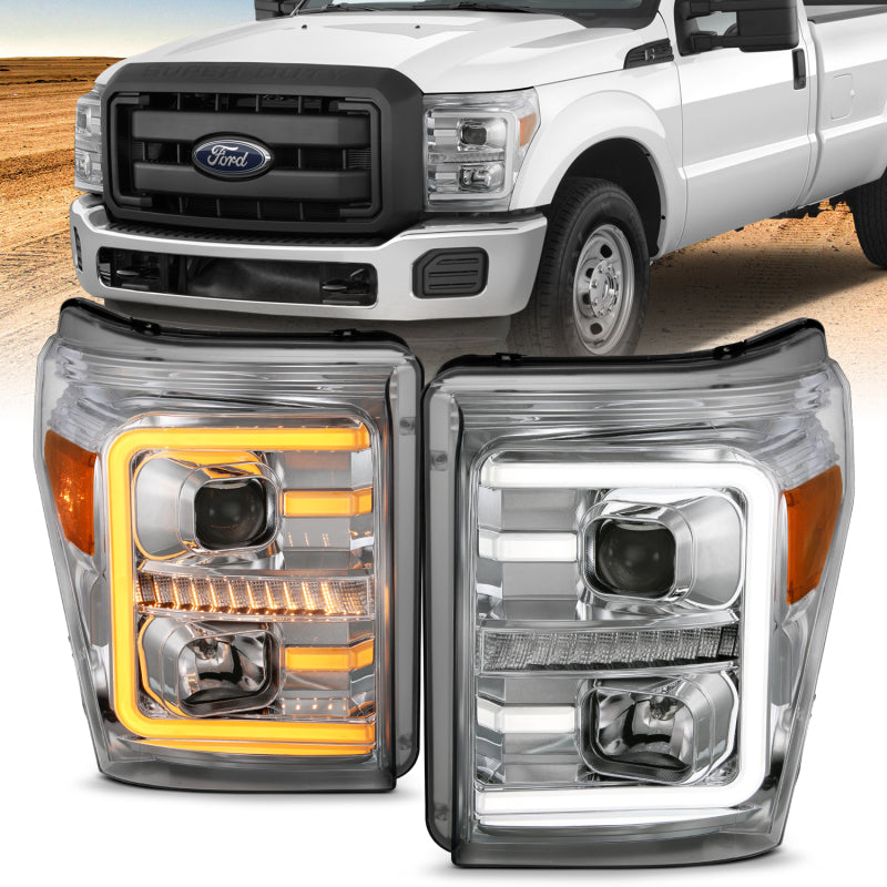 ANZO 11-16 Ford F-250/F-350/F-450 Projector Headlights w/ Plank Style Switchback Chrome w/Amber