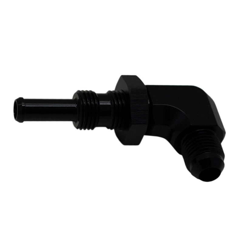 DeatschWerks 6AN Male Flare to 5/16in Male Barb Bulkhead Adapter 90-Degree - Anodized Matte Black