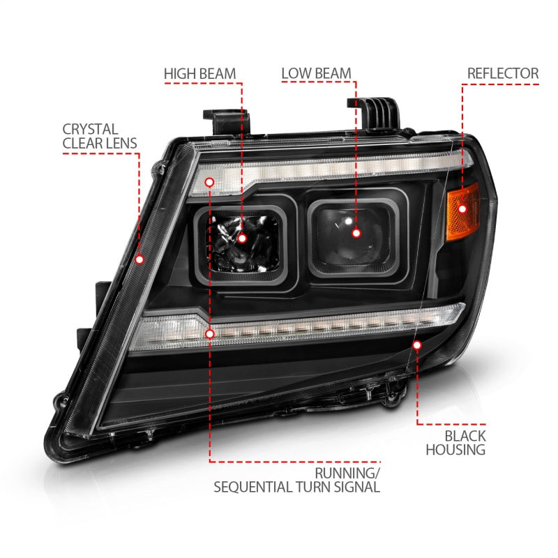 ANZO 09-20 Nissan Frontier Black Projector Plank Style DRL w/ Switchback & Sequential LED DRL