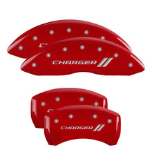 Load image into Gallery viewer, MGP 4 Caliper Covers Engraved Front &amp; Rear With stripes/Charger Red finish silver ch